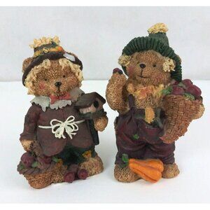 KE Lot Of 2 Autumn Thanksgiving Apple Picking Teddy Bear 5.75" Resin Figurines